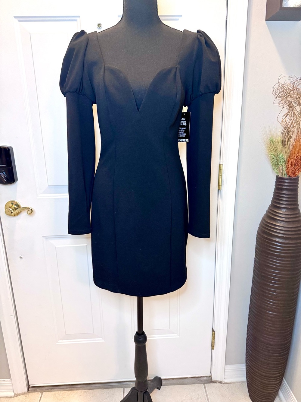 Elegant Black Puff-Sleeve Long-Sleeve Mini Dress from Express